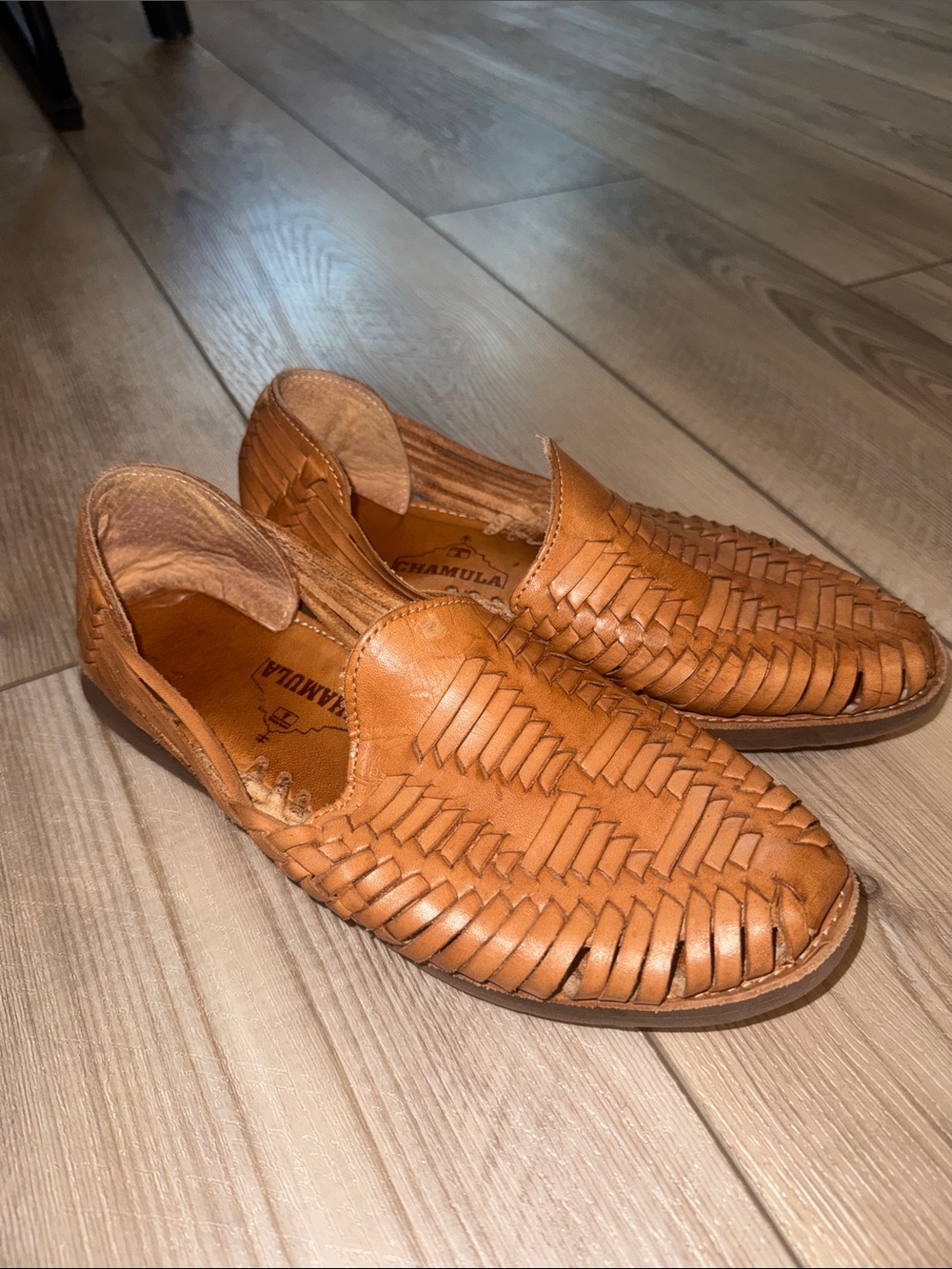 Woven Leather Slip-On Sandals in Tan